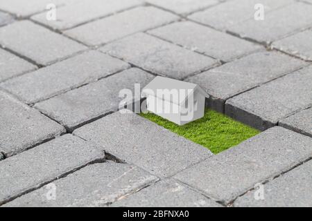 Pavé de route gris pavés avec bloc manqué avec herbe verte fraîche et petit modèle de maison blanche à l'intérieur, milieu mixte avec illustration de rendu en relief Banque D'Images