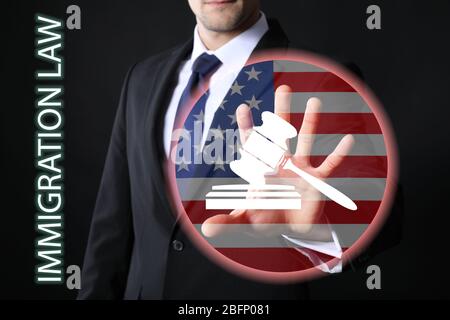 Texte LOI SUR L'IMMIGRATION, homme appuyant sur le bouton avec le drapeau américain et le gavel du juge sur l'écran virtuel contre fond sombre Banque D'Images