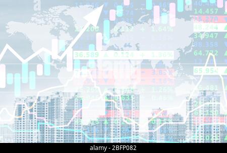 Double exposition de la carte du monde, taux avec graphiques et paysage urbain. Concept de négociation financière Banque D'Images