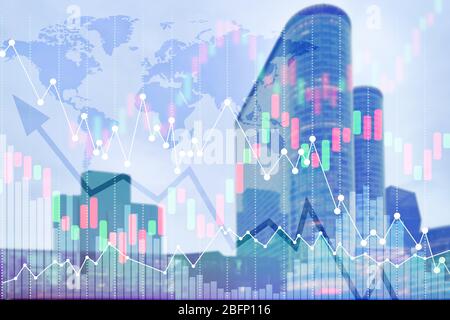 Exposition multiple des données boursières avec carte du monde et paysage urbain. Concept Forex Banque D'Images
