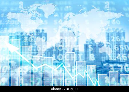 Double exposition de la carte du monde, taux avec graphiques et paysage urbain. Concept de négociation financière Banque D'Images