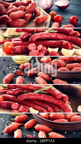 Ensemble avec différents types de saucisses savoureuses Banque D'Images