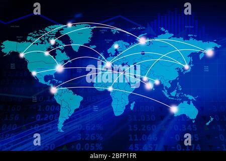 Carte du monde avec graphiques et taux sur fond flou. Concept de négociation financière Banque D'Images