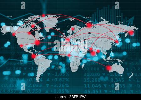 Carte du monde avec graphiques et taux sur fond flou. Concept de négociation financière Banque D'Images
