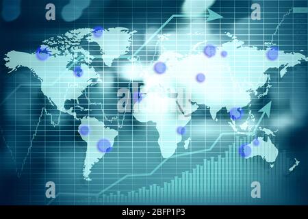 Carte du monde avec graphiques sur fond flou. Concept de négociation financière Banque D'Images