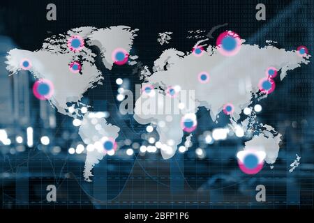 Carte du monde avec graphiques sur fond flou. Concept de négociation financière Banque D'Images