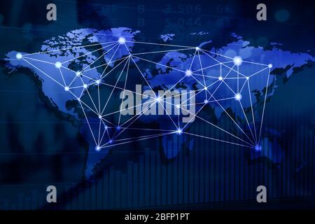Carte du monde avec graphique et taux sur fond flou. Concept de négociation financière Banque D'Images