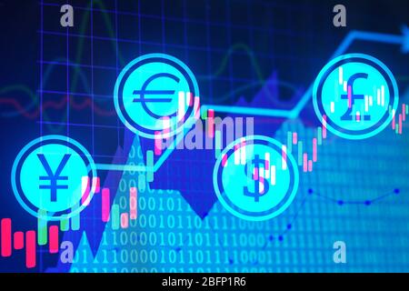 Graphiques de bourse avec symboles de devise sur fond couleur. Concept de négociation financière Banque D'Images