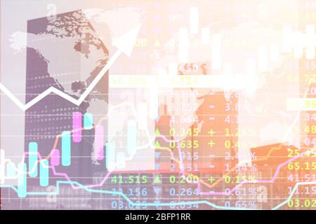 Exposition multiple des données boursières avec carte du monde et paysage urbain. Concept Forex Banque D'Images