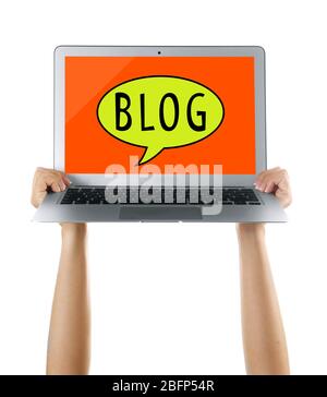 Ordinateur portable moderne dans les mains isolé sur fond blanc. Concept de blog Banque D'Images