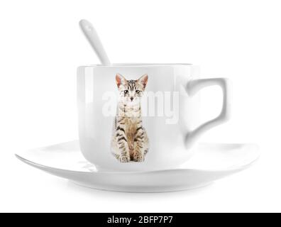 Tasse à café avec photo de chat mignon isolé sur blanc Banque D'Images