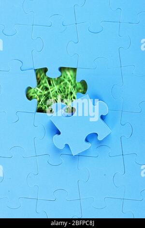 Puzzle bleu avec pièce manquante sur fond vert d'herbe. Banque D'Images