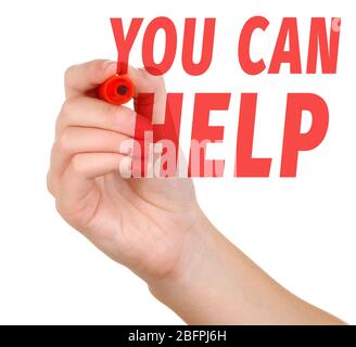 Femme écrire du texte VOUS POUVEZ AIDER contre fond blanc. Concept de bénévolat Banque D'Images