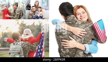 Collage de soldat retrouvé avec la famille. Concept de patriotisme et de service militaire Banque D'Images