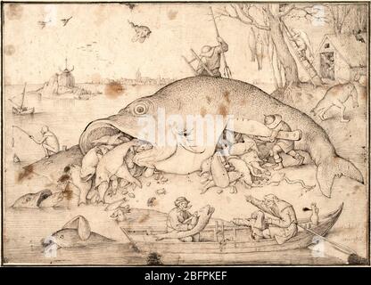 Le gros poisson mange le petit poisson, dessin de Bruegel pour un imprimé, 1556, par Pieter Bruegel l'aîné Banque D'Images