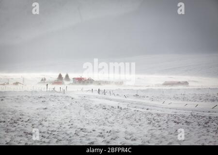 Le vent souffle de la neige sur un champ près d'un petit village, une journée venteuse en Islande, en Europe du Nord Banque D'Images