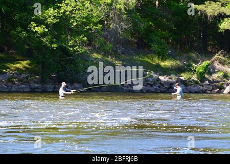 Un père et un fils volent des poissons dans la rivière Neuse à l'extérieur de Raleigh North Carolina. Banque D'Images