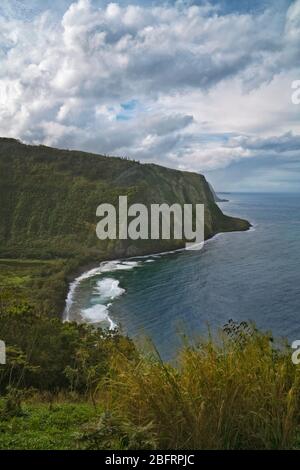 Les pauses de l'après-midi et les nuages de tempête passent au-dessus de la vallée de Waipio, avec cette vue magnifique le long de la côte de Hamakua sur la Grande île d'Hawaï. Banque D'Images