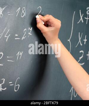 Écriture sur le tableau noir dans la salle de classe Banque D'Images