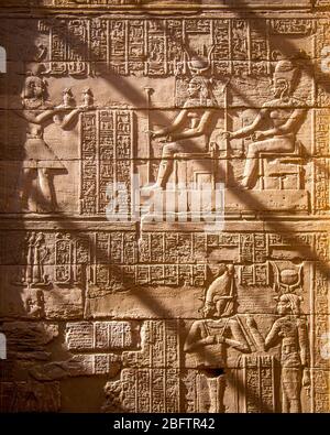 Les hiéroglyphes se reliaient sur un mur au Temple de Philae, Assouan, Egypte. Banque D'Images