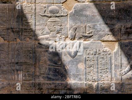 Les hiéroglyphes se reliaient sur un mur au Temple de Philae, Assouan, Egypte. Banque D'Images