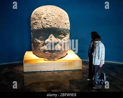 Tête de Giant Olmec, Musée d'anthropologie, Mexico Banque D'Images