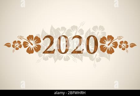 Texte Vector 2020 avec fleurs exotiques hibiscus sur fond beige vintage Illustration de Vecteur