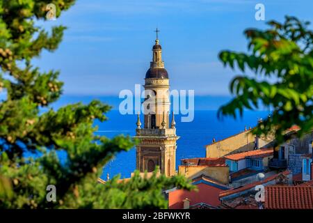 Clocher de l'église dans la ville de Menton sur la Côte d'Azur ou la Côte d'Azur, avec la mer Méditerranée en arrière-plan à travers les arbres verts Banque D'Images