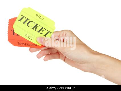 Main de femme tenant un billet coloré sur fond blanc gros plan Banque D'Images