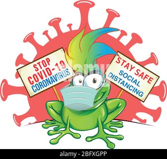 bande dessinée de grenouille avec masque sur panneau contre le coronavirus Illustration de Vecteur