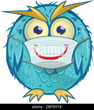 chouette bleue avec masque de sourire sur fond blanc Illustration de Vecteur
