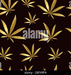 Modèle sans couture feuilles de cannabis doré sur fond sombre illustration vectorielle EPS10 Illustration de Vecteur