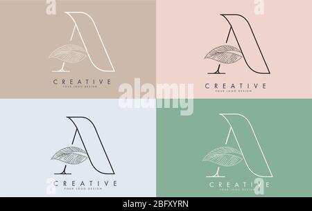 Lettre de présentation icône de logo avec conception de concept de feuille filaire sur des arrière-plans colorés. Lettre A avec concept de nature. Illusr vectoriel lettre ECO et organique Illustration de Vecteur