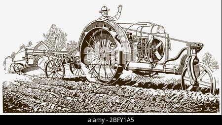 Un agriculteur historique qui agite la main et conduit un tracteur avec une charrue dans un champ. Illustration après une gravure du début du XXe siècle Illustration de Vecteur