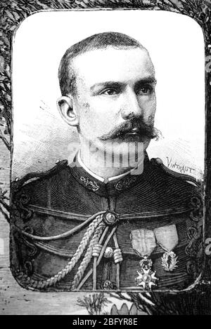 Portrait du capitaine Louis Gustave Binger (1856-1936) officier et explorateur de l'armée française qui revendique la Côte d'Ivoire pour la France. Pour son expédition de 1887-1889, il a voyagé du Sénégal jusqu'au fleuve Niger jusqu'au Grand Bassam, en Côte d'Ivoire. Vintage ou ancienne illustration ou gravure 1890. Banque D'Images