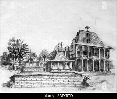 Complexe du Palais Royal ou Rova d'Antananarivo Madagacar avec le Palais Tranovola (à droite) construit par le roi Raama I en 1819, alias le Palais d'argent, et les tombes royales. Gravure ou eau-forte par urbain Faurec (1933) Banque D'Images