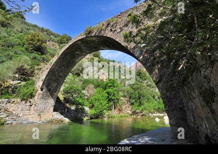 Ponte a Zaglia sur la rivière Ota dans la Spelunca canyon entre Porto et Evisa, Corse, France, Europe Banque D'Images