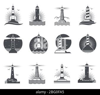 Étiquettes vintage Lighthouse Vector marine. Phares et vagues rétro de l'océan logos marins ensemble. Phare et gyrophare sur l'illustration de la mer Illustration de Vecteur