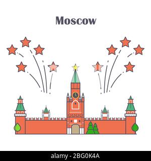Kremlin de Moscou linéaire lumineux avec feux d'artifice aux étoiles rouges. Illustration vectorielle Illustration de Vecteur