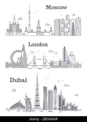 Moscou, Londres, Dubai monument linéaire, ville moderne, panorama avec bâtiments. Illustration vectorielle Illustration de Vecteur