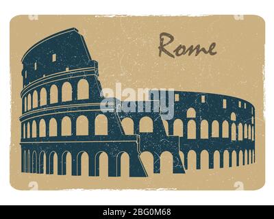 Motif carte postale sur le logo du colisée de rome vintage. Illustration vectorielle plate Illustration de Vecteur