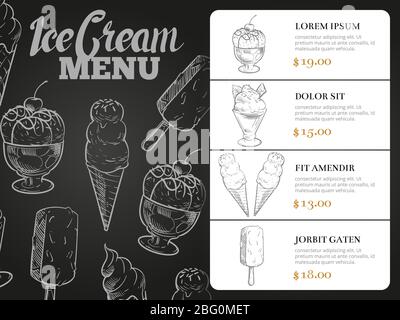 Menu de crème glacée avec prix - carte de menu de tableau noir desserts. Illustration vectorielle Illustration de Vecteur