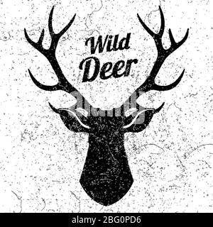 Logo cerf sauvage avec effet grunge. Silhouette du logo Vector Deer, dessin de l'illustration du profil monochrome mascotte Illustration de Vecteur