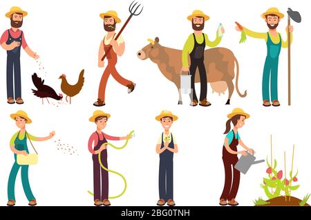 Un agriculteur de bande dessinée et des jardiniers avec des outils et des animaux de ferme ont des personnages vectoriels. L'agriculture, l'agriculture et l'illustration de la vache des travailleurs agricoles Illustration de Vecteur