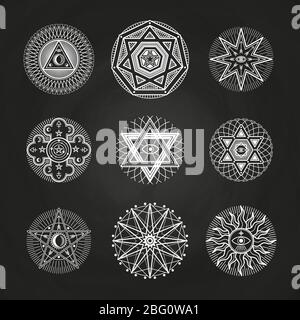 Mystère blanc, occulte, alchimie, symboles ésotériques mystiques sur tableau noir. Illustration des signes illuminati de spiritualité pour la religion spirituelle ésotérique Illustration de Vecteur