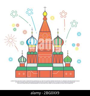 Célèbre cathédrale plate de Moscou avec feux d'artifice festifs isolés sur fond blanc. Illustration vectorielle Illustration de Vecteur