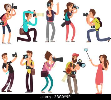 Photographe professionnel drôle avec appareil photo prenant des photos dans différentes poses vecteur dessins animés jeu de caractères. Personnage photographe avec illustrateur d'appareil photo Illustration de Vecteur