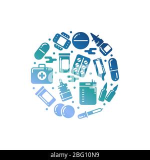 Médicaments silhouettes bouteilles pilules médicaments ronde concept design. Illustration vectorielle Illustration de Vecteur