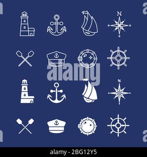 Marine marine marine nautique, pirate et maritime ligne mince et silhouette icônes. Illustration vectorielle Illustration de Vecteur