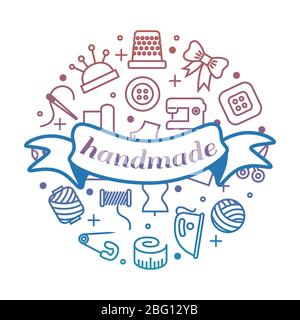 Concept de travail rond main brillant avec icônes de ligne et bannière. Bannière de badge à la main, illustration vectorielle Illustration de Vecteur